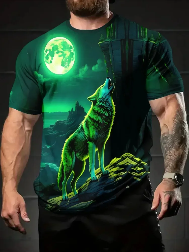3D Howling Wolf Full Moon Print T-Shirt Men Crew Neck Short Sleeve Blue Night Mountain Wildlife Vintage Casual Tops