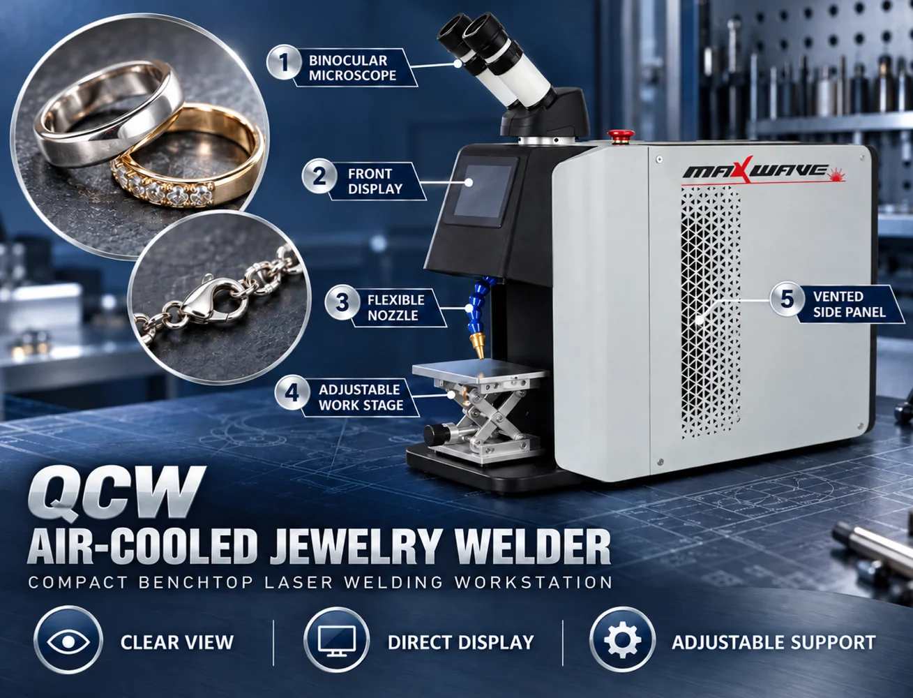 Compact QCW Jewelry Laser Welder with Vented Side Panel, Adjustable Work Stage and Microscope