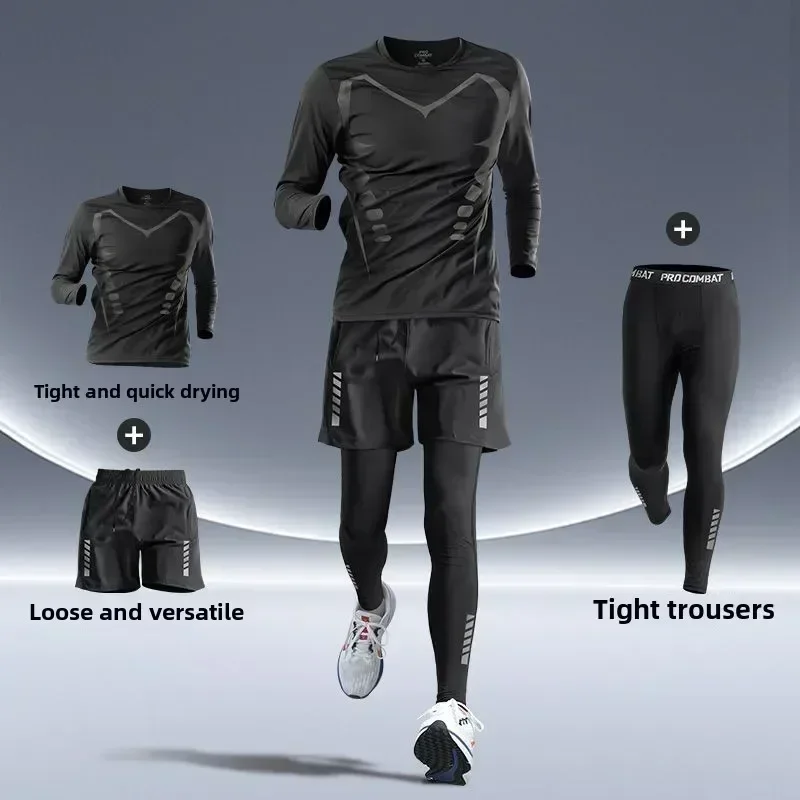 Men's Fitness Running Set Tight-Fit Quick-Dry Clothes for Autumn Night Runs Training Cycling New Sportswear Gear