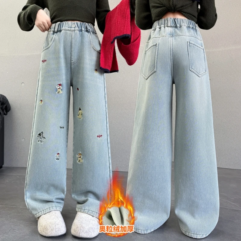 جينز جينز مطرز برسوم كارتونية للفتيات المراهقات، سروال مستقيم من قماش الدنيم مبطن بالصوف، سروال طويل من قماش الدنيم العتيق المغسول لفصل الشتاء #5