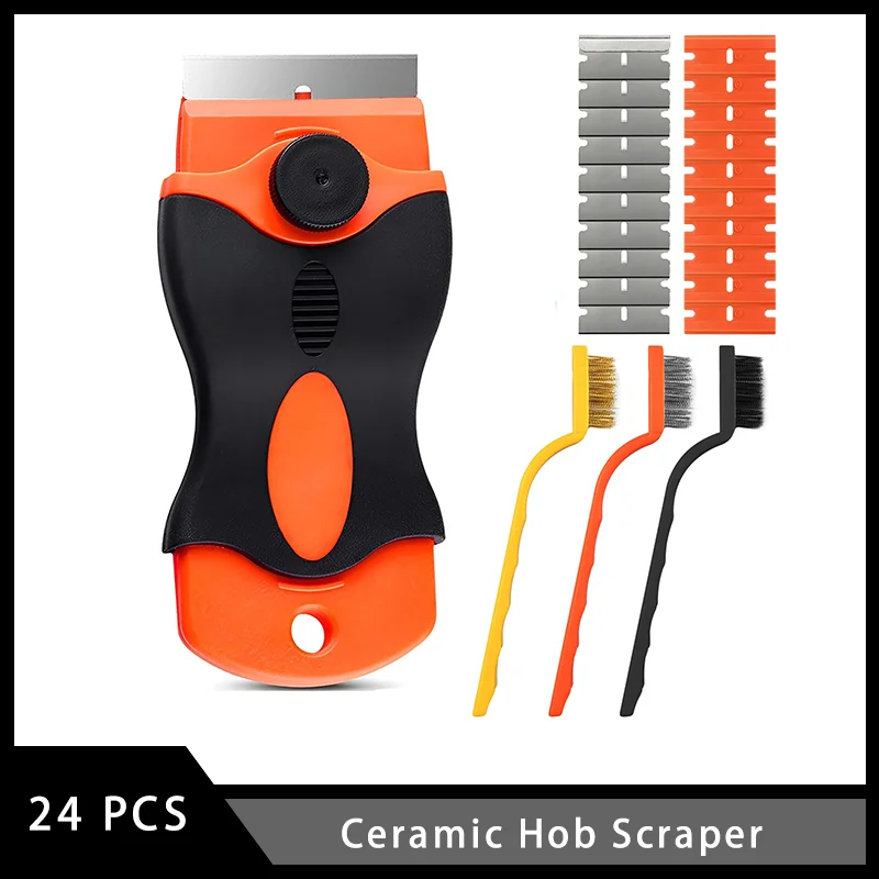 24 Pcs Ceramic Hob Scraper with 10 Carbon Steel and 10 Plastic Blades  Metal Brush for Cleaning Auto Body Household Conveniently