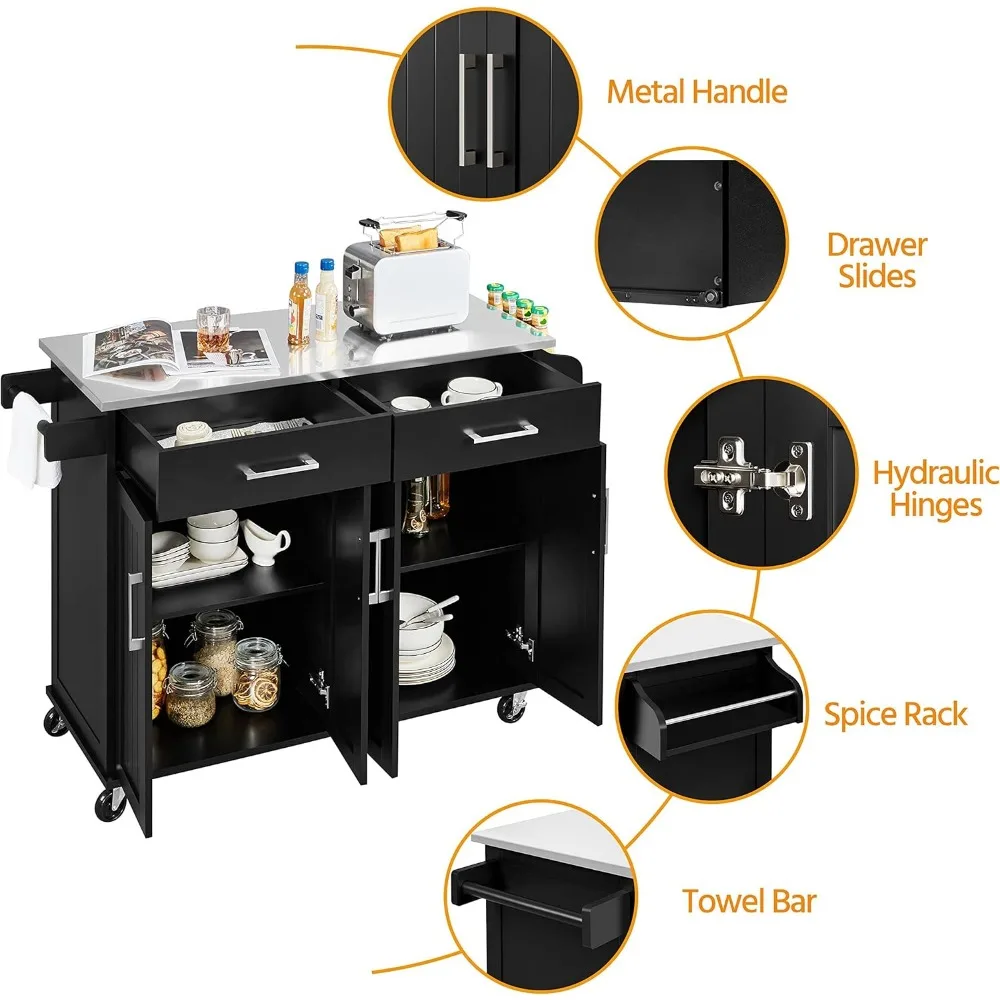 Rolling Kitchen Island with Stainless Steel Top | Kitchen Cart on Wheels, 2 Drawers & Adjustable Storage for Home, Dining Use