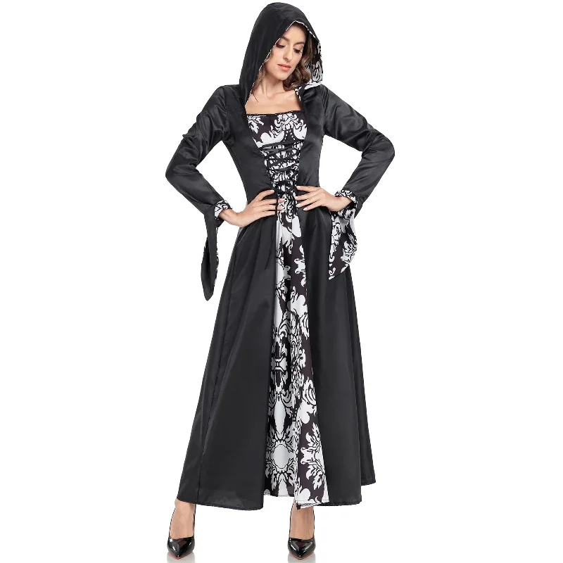 

Halloween Cosplay Women's European Retro Court Punk Print Dress Medieval Renaissance Handmade Dress Role-playing Witch Costume