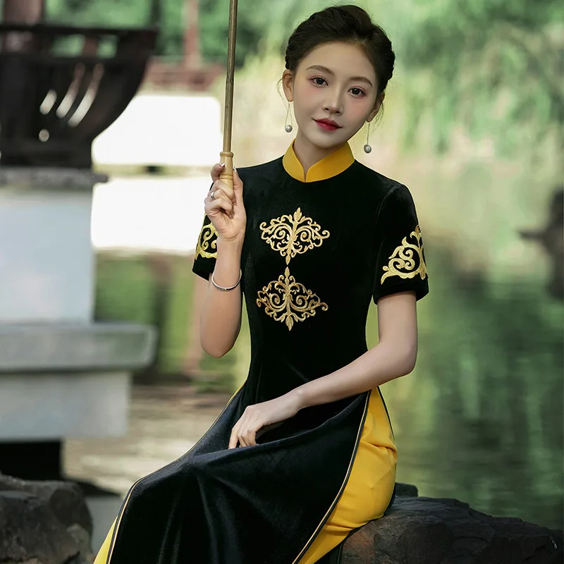 New Velour Improved Performance Long Purple Yellow Cheongsam Retro Slimming Fashion High Slit Dress Elegant Aodai Qipao