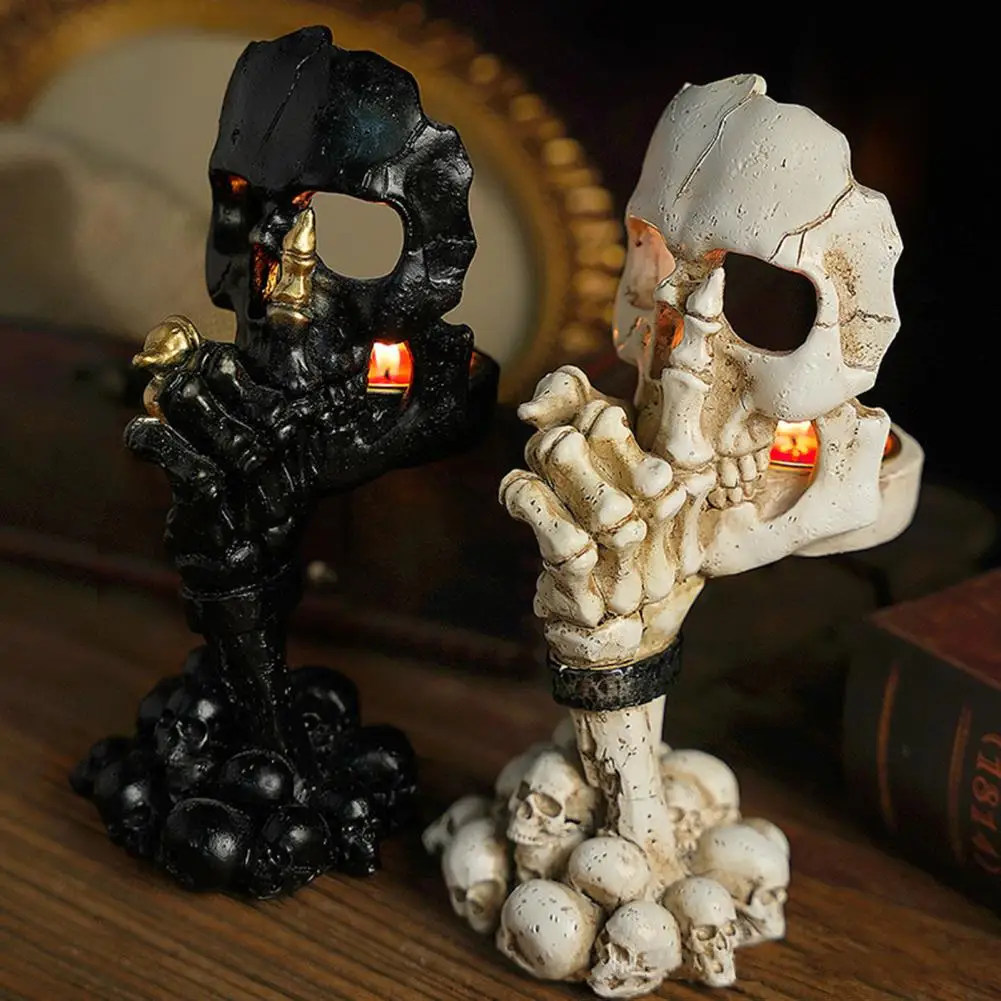 

Candle Stand Skull Candle Holder Set with Skeleton Resin Stand Scented Tealight Candles Halloween Table Centerpiece Decoration