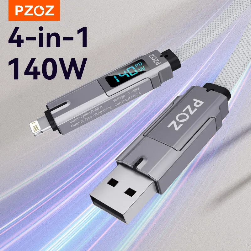 PZOZ 4 in 1 140W PD USB C Cable Digital Display Fast Charging For iPhone 16 15 14 Pro Max MacBook iPad USB Type C Cord Charger