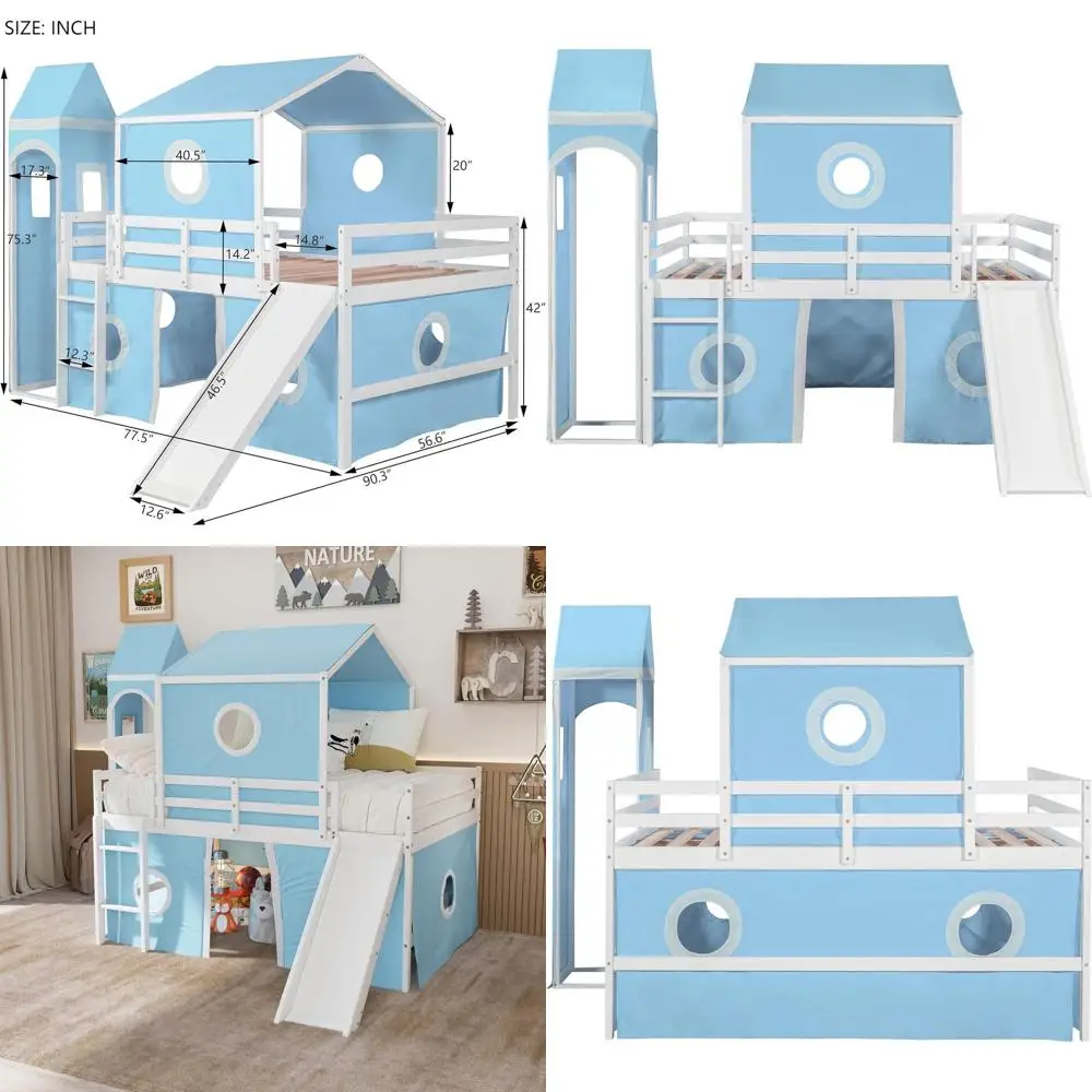 

Low Loft Bed with Detachable Slide, Tent, and Climbing Tower for Kids' Playful Bedrooms