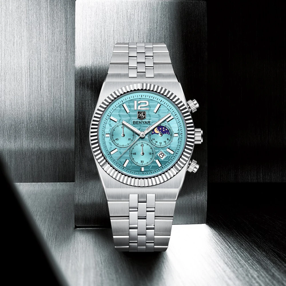 2025 New BENYAR Moon Phase Mens Watches Top Luxury Quartz Chronograph Watch For Men Stainless Steel Waterproof Sports Clock Gift