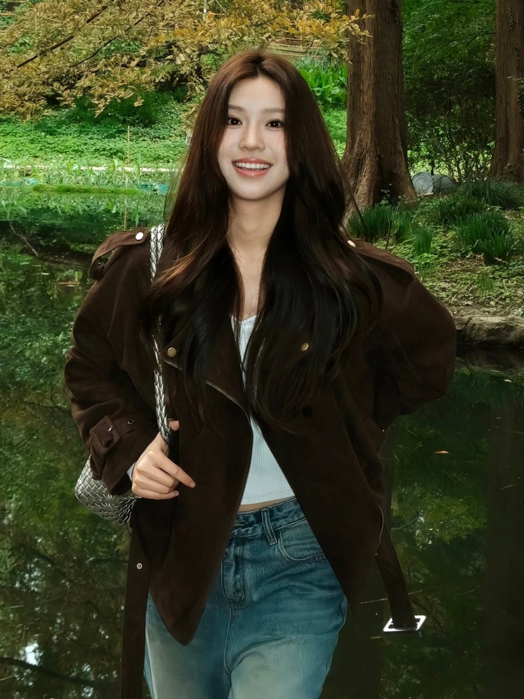 Women's Suede Jaet Loose Fit Turn-down Collar Workwear Coat American Retro Sle Autumn Winter Casual Outerwear