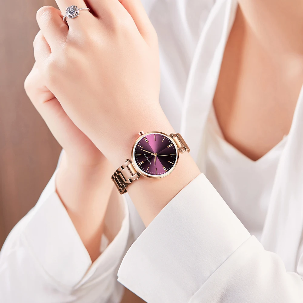 MINIFOUCS-Montre simple en acier pour femme, quartz violet, étanche, marque de luxe, horloge à la mode pour fille