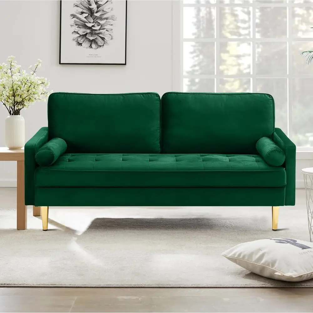 

Mid-Century Velvet Loveseat Sofa - Small 2-Seat Couch with Pillows & Wooden Legs for Compact Spaces, Emerald Green Upholstery