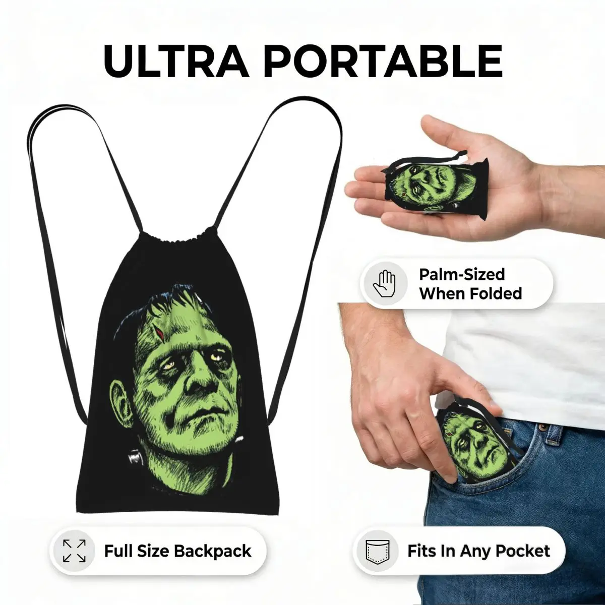 Frankenstein Green Monster Print Drawstring Backpack Sports Gym Bag Portable Travel Drawstring Bag for Men Women