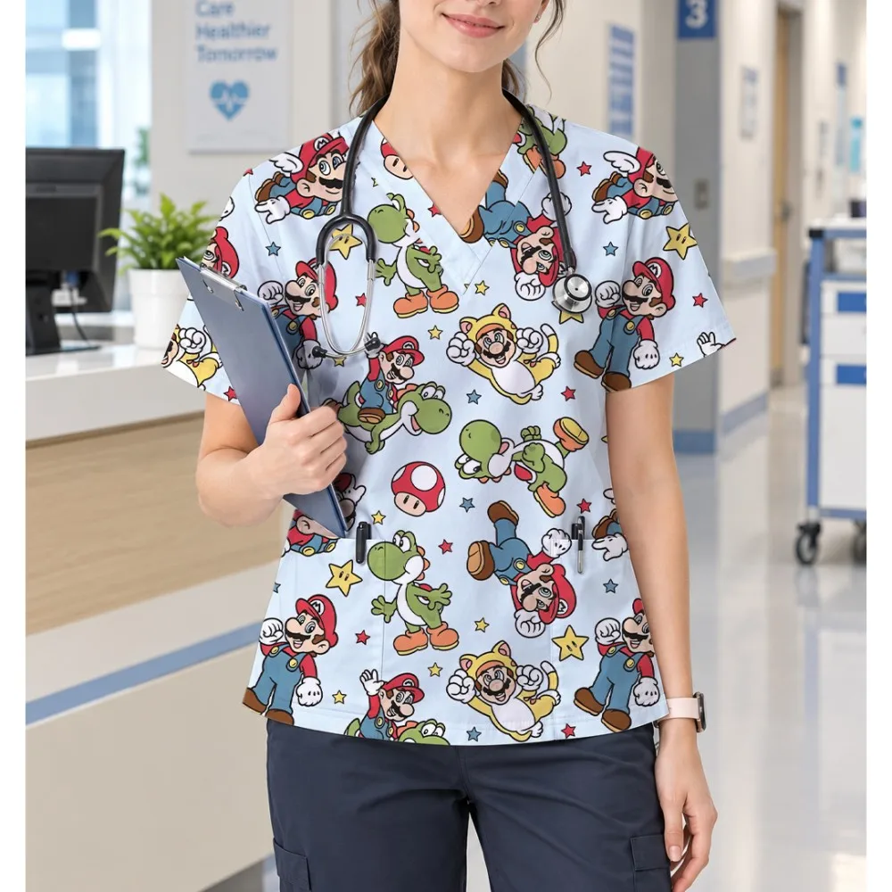 Men's Medical Work Uniform Dragon Ball Anime Print V-Neck Frosted T-Shirt Nurse Accessories Dental Clinic Work Uniform Top