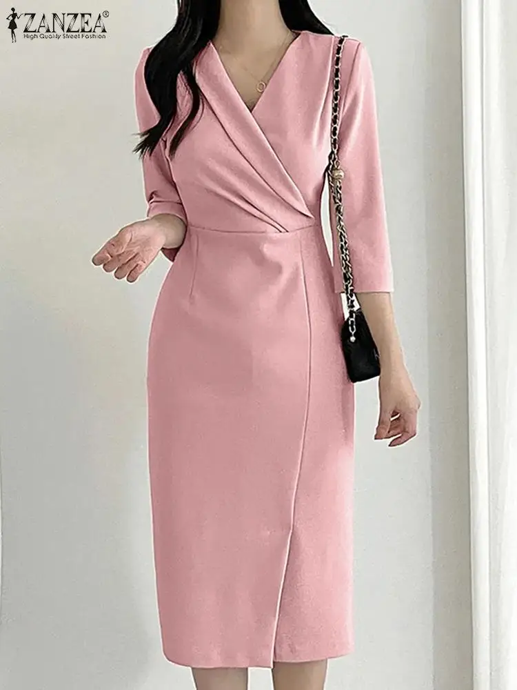 Kobiety Jesień OL Work Sundress Bodycon Dress 2024 ZANZEA Elegant V Neck 3/4 Sleeve Solid Slim Fit Vestidos Fashion Summer Dress