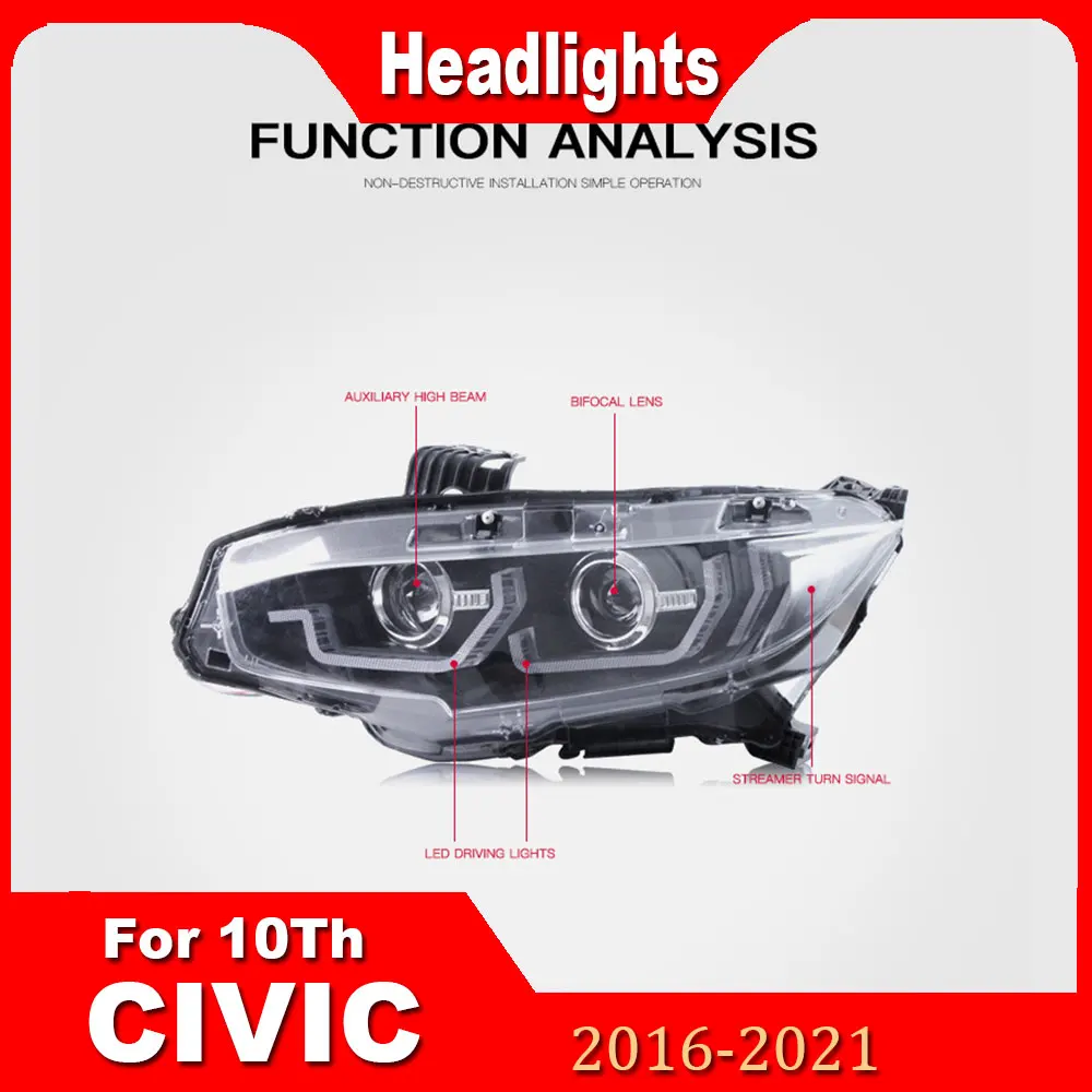 HeadLamp For Honda Civic 10th  2016-2021 modification Angel Eye Xenon Headlight assembly  DRL Dynamic Signal Lamp  Accessories