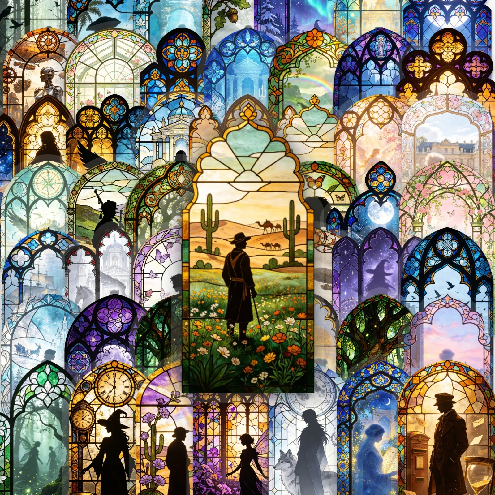 50 PCS Exquisite Clear Stained Glass Silhouette Stickers Dreamy Art Stickers DIY Scrapbook Decorate Material Waterproof Decals
