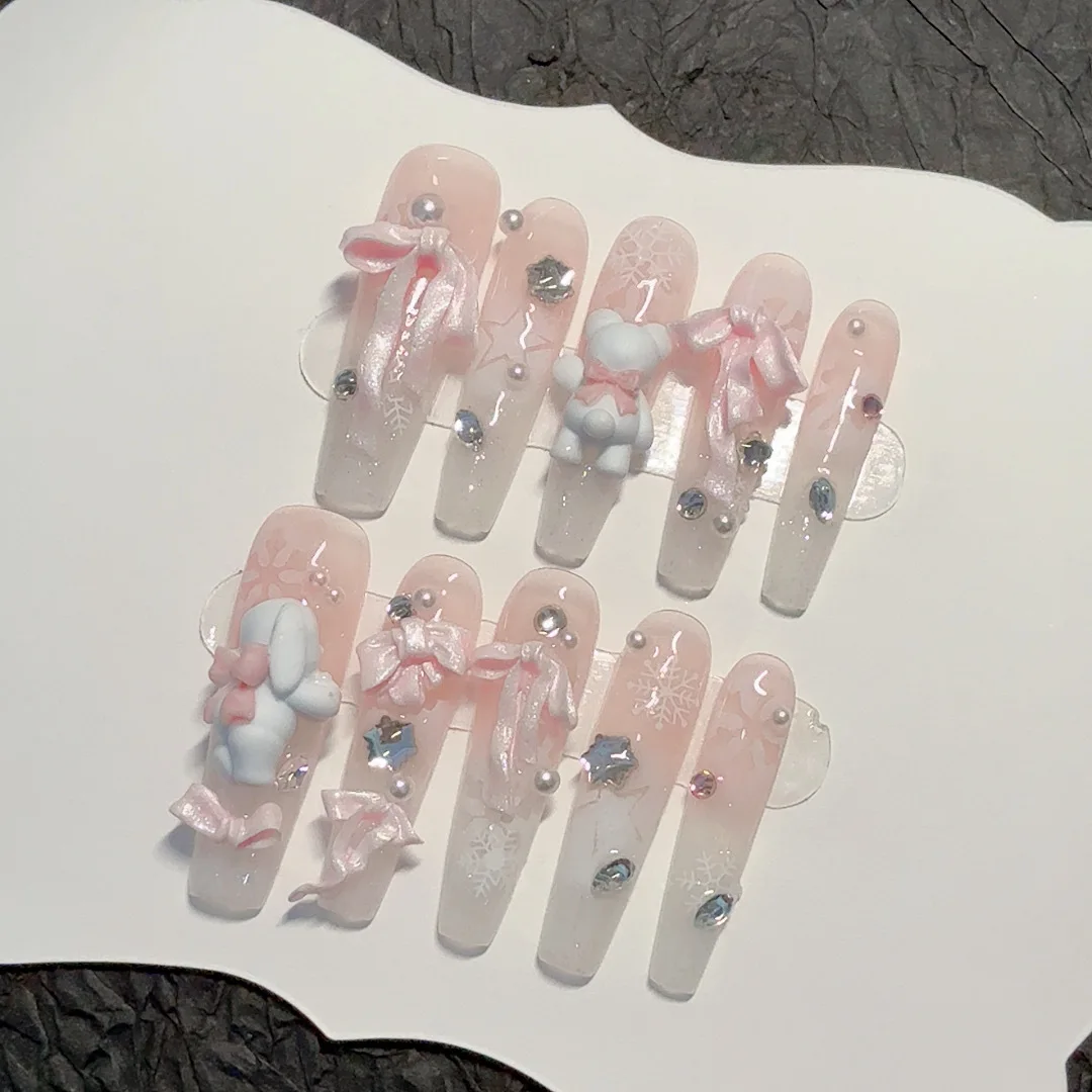 

10Pcs Sweet Pink Press on Nails White Gradient False Nails with 3D Bear Bow Decor Long Ballet Wearable Nail for Korean Girls