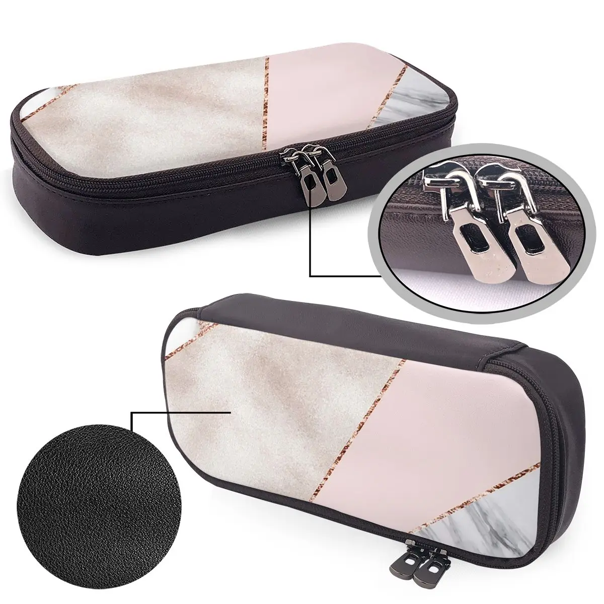 Spliced Mixed Rose Gold Marbl Leather Pencil Case for Boys Girls Gifts Pen Box Pencil Bag Stationery Supplies Pen Holder Bag