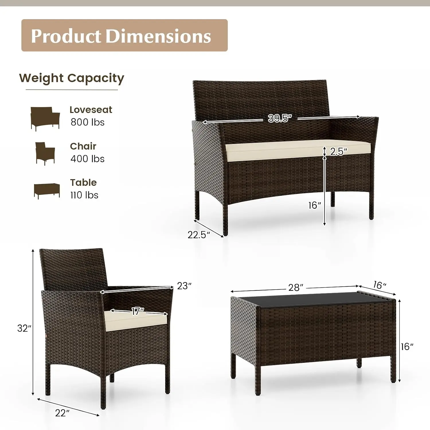 Outdoor Rattan Patio Furniture Set with Loveseat, Wicker Chairs & Tempered Glass Table for Backyard Porch, Customized