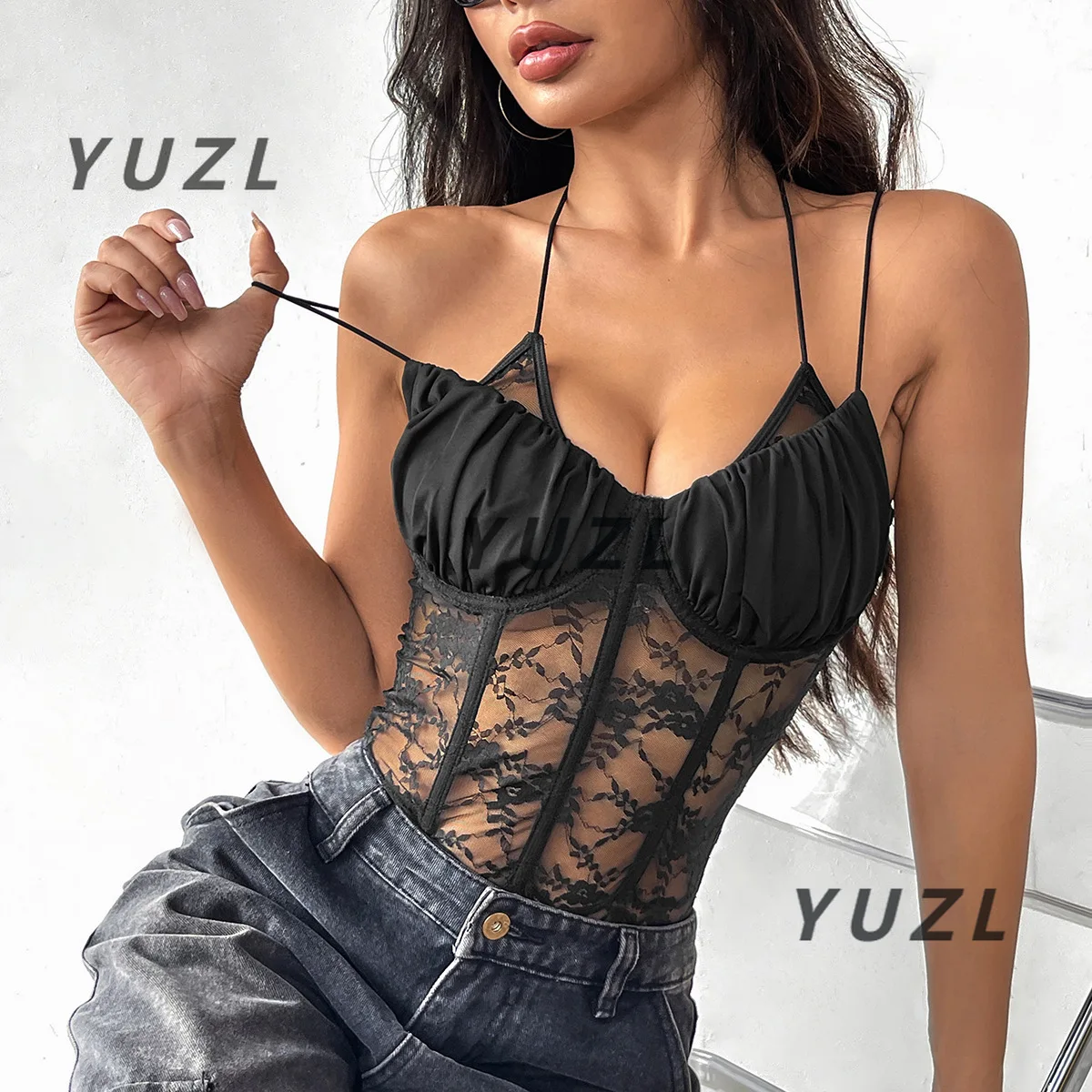

2025 new summer hot and sexy imperial sister wind pleated neck transparent lace fishbone slim suspender onesie 70166