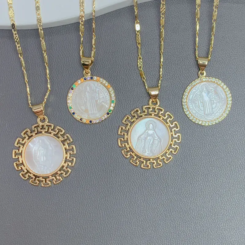 

New Pearl Shell Virgin Mary Saint Benedict Pendant Necklaces CZ Gold Plated Choker Chain For Women Religious Fine Jewelry Gift