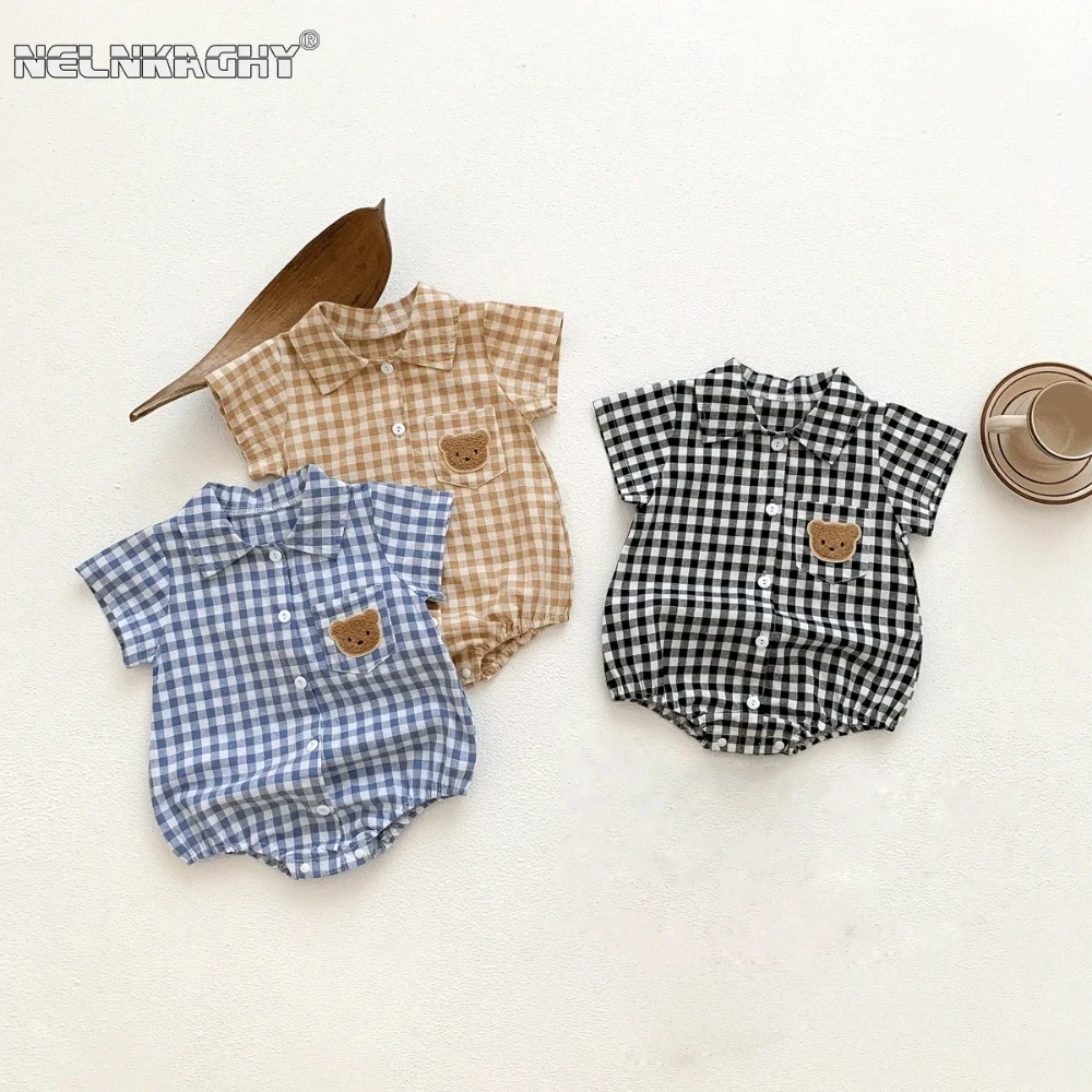 

Cute jumpsuits kids Baby Clothing BodySuits Summer Short Sleeve Plaid Embroidery Bear Outfits Infant Kids Handsome Boy Suit