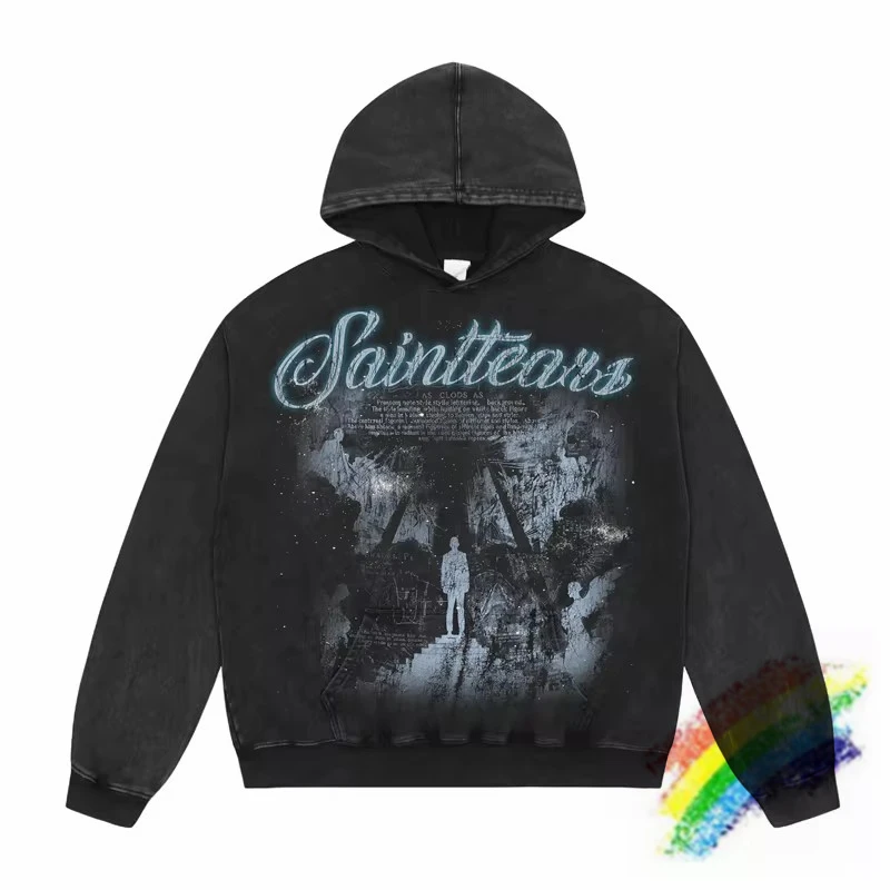 Oversized Vintage Washed Black Saint Tears Hoodie Men Women Pullovers Sweatshirts