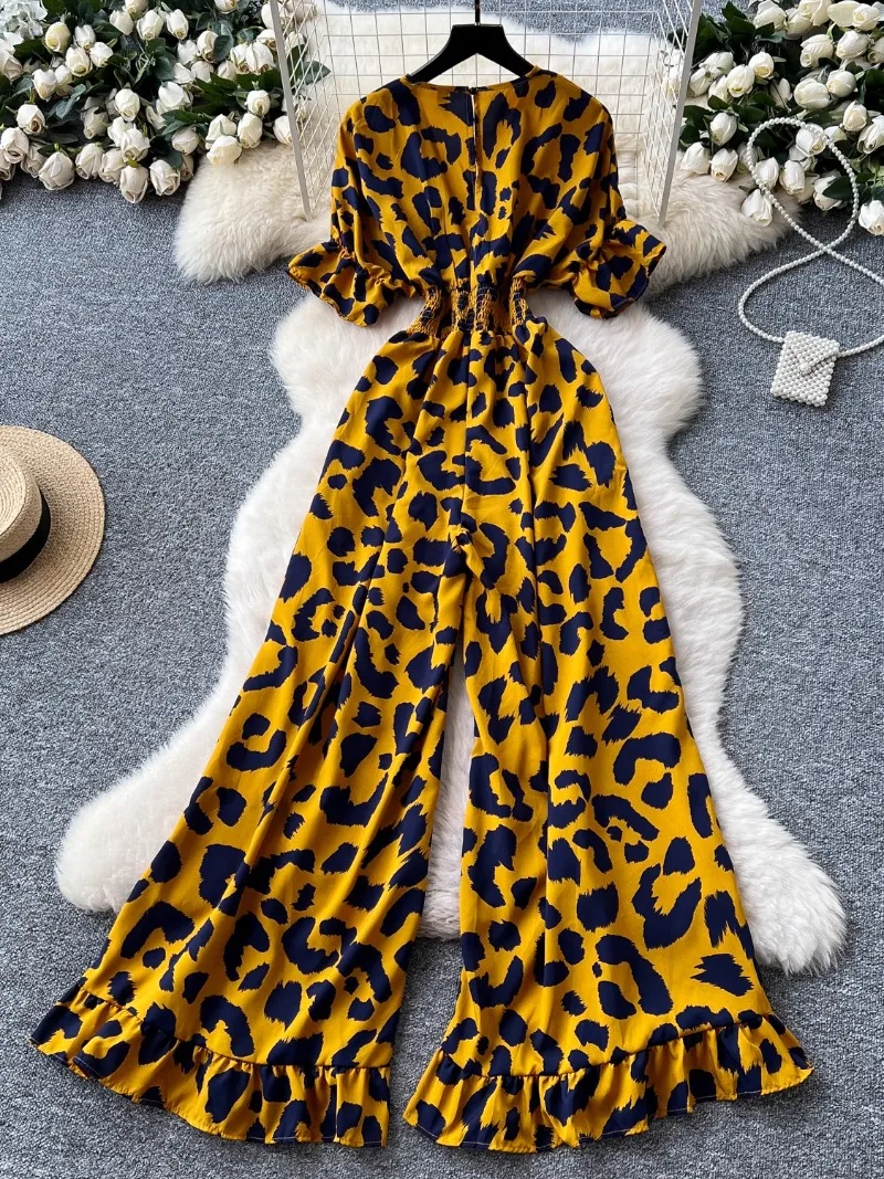 Macacão feminino de verão moda leopardo impressão outfit chique casual com decote em v manga curta elástica cintura alta magro perna larga macacão