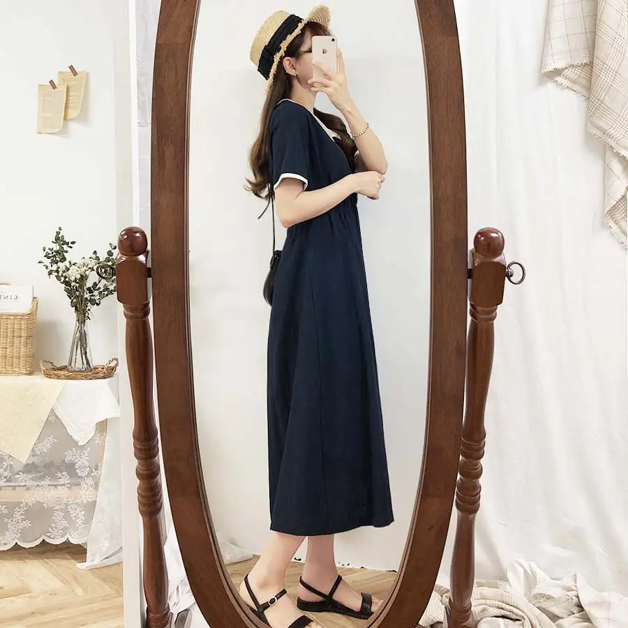 Temperament Lady Dresses Woman Basic Wear Slim Waist Patchwork Navy Blue Cute Girls Sweet Vintage Dres Cotton 8201