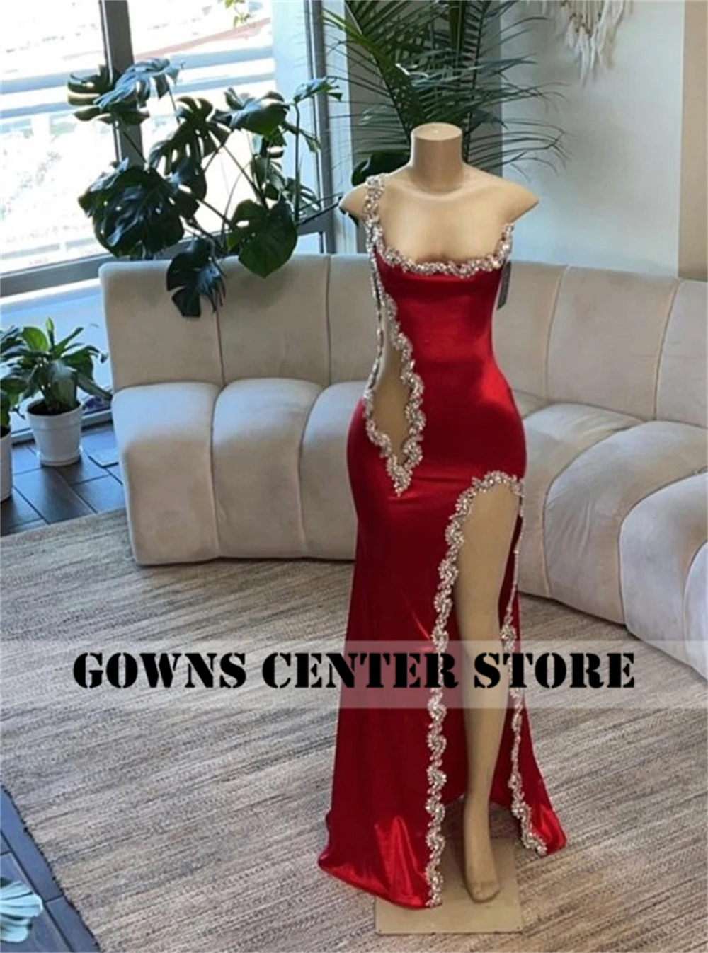 Sexy Red Beaded Spaghetti Mermaid Prom Dresses 2024 Luxury One Shoulder Slit Birthday Dress Black Girl Middle East Customized