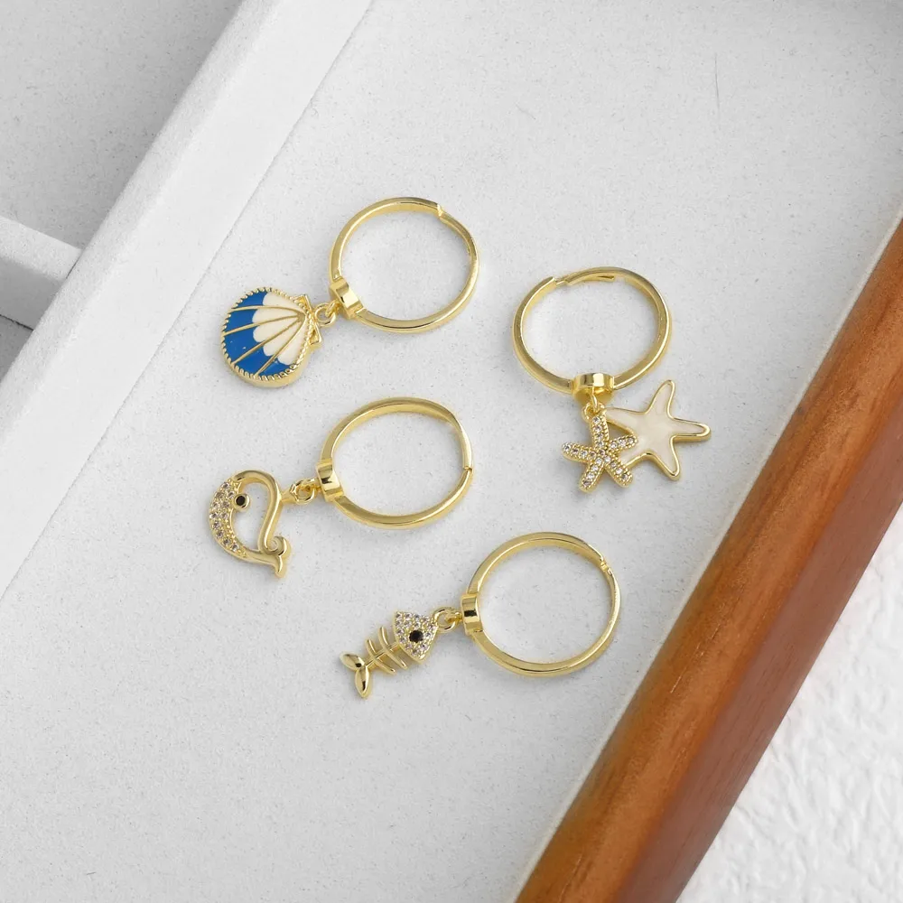 OCESRIO Enamel Seastar Scallop Statement Women Rings Copper Crystal Whale Fish Bone Open Ring Fashion Jewelry Gift rigp40