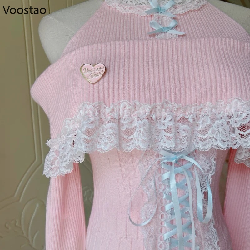 일본 카와이 로리타 스타일 니트 풀오버 여성 가을 ​​달콤한 레이스 프릴 붕대 오프 숄더 스웨터 여성 귀여운 슬림 탑