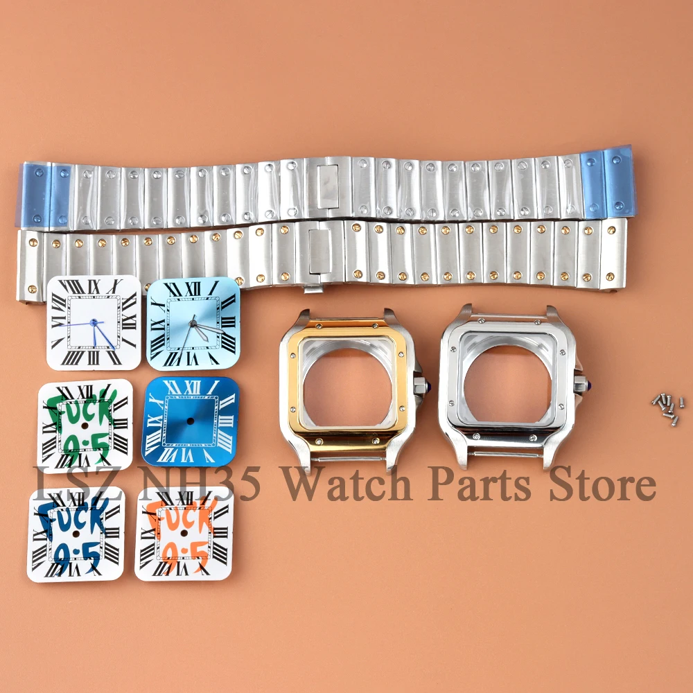 

For Santos Series Case 38MM NH35 Watch Case Square Bezel Solid 316L Steel With Dial Hand For Modification 27mm Dial Waterproof