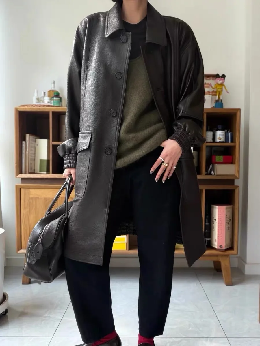 女性用高級シープスキンスーツジャケット、ロングオーバーサイズ、ニュートラル、シングルブレスト、ブラックジャケット、ダムストリート
