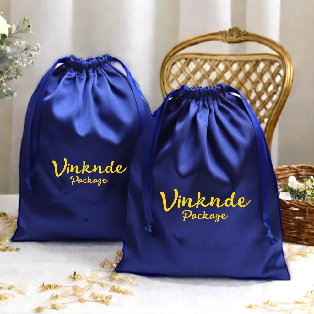 

Custom Logo Printed Blue Silk Wig Bundle Hair Packing Dust Pouch 20x30cm Luxury Soft Satin Gift Lingerie Storage Drawstring Bags