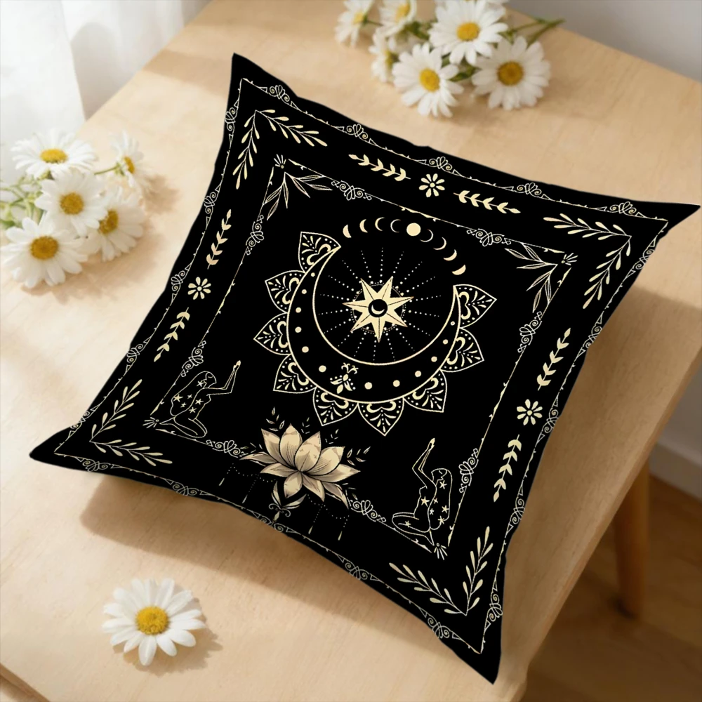 1Pc Bohemian Black Gold Moon Star Lotus Print Soft Fabric Cushion Cover for Sofa Bed Living Room Home Decor