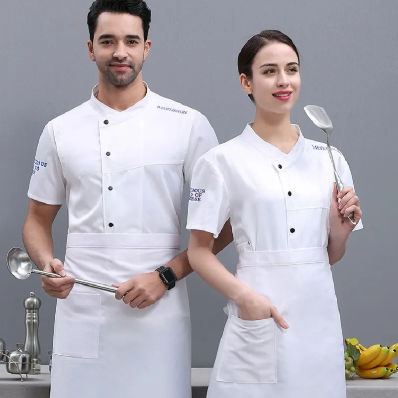 Set uniforme da Hotel giacca da cucina da uomo all'ingrosso ristorante cappotto da cuoco a maniche corte grembiule da cuoco traspirante sottile estivo giacca cuoco uomo  camice da cucina uomo  grembiule cameriere