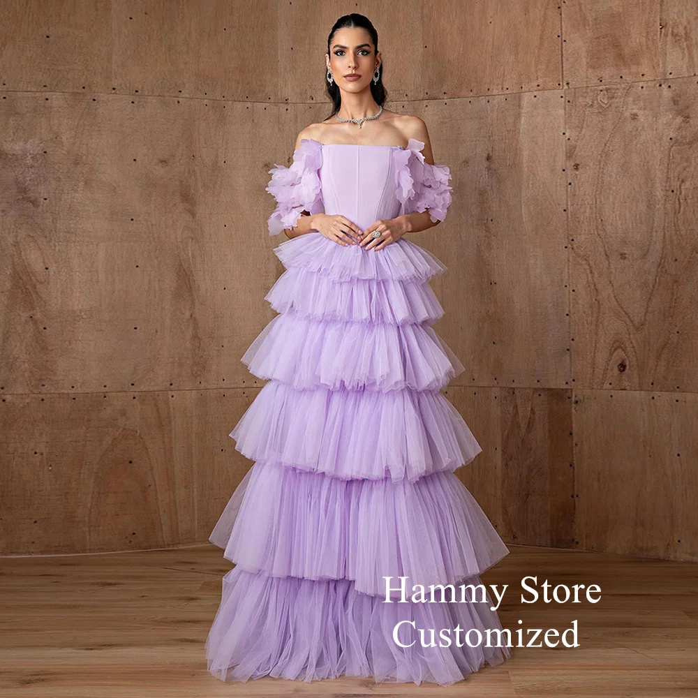 Tiered Tulle Lilac Evening Dress Customized Off The Shoulder Floor Length Saud Arabian Party Gown Wedding Party Dresses