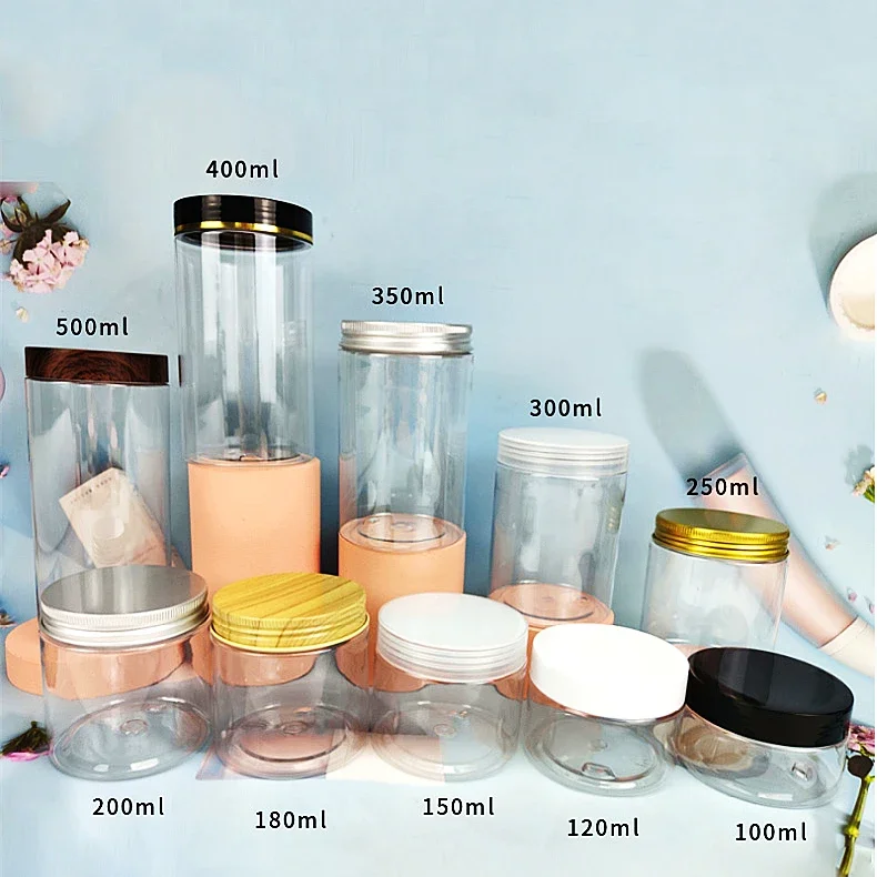 

Clear PET Plastic Jars 150ml 200ml 250ml Transparent Empty Cosmetic Mask Cream Wax Packaging Containers Pots with Lids