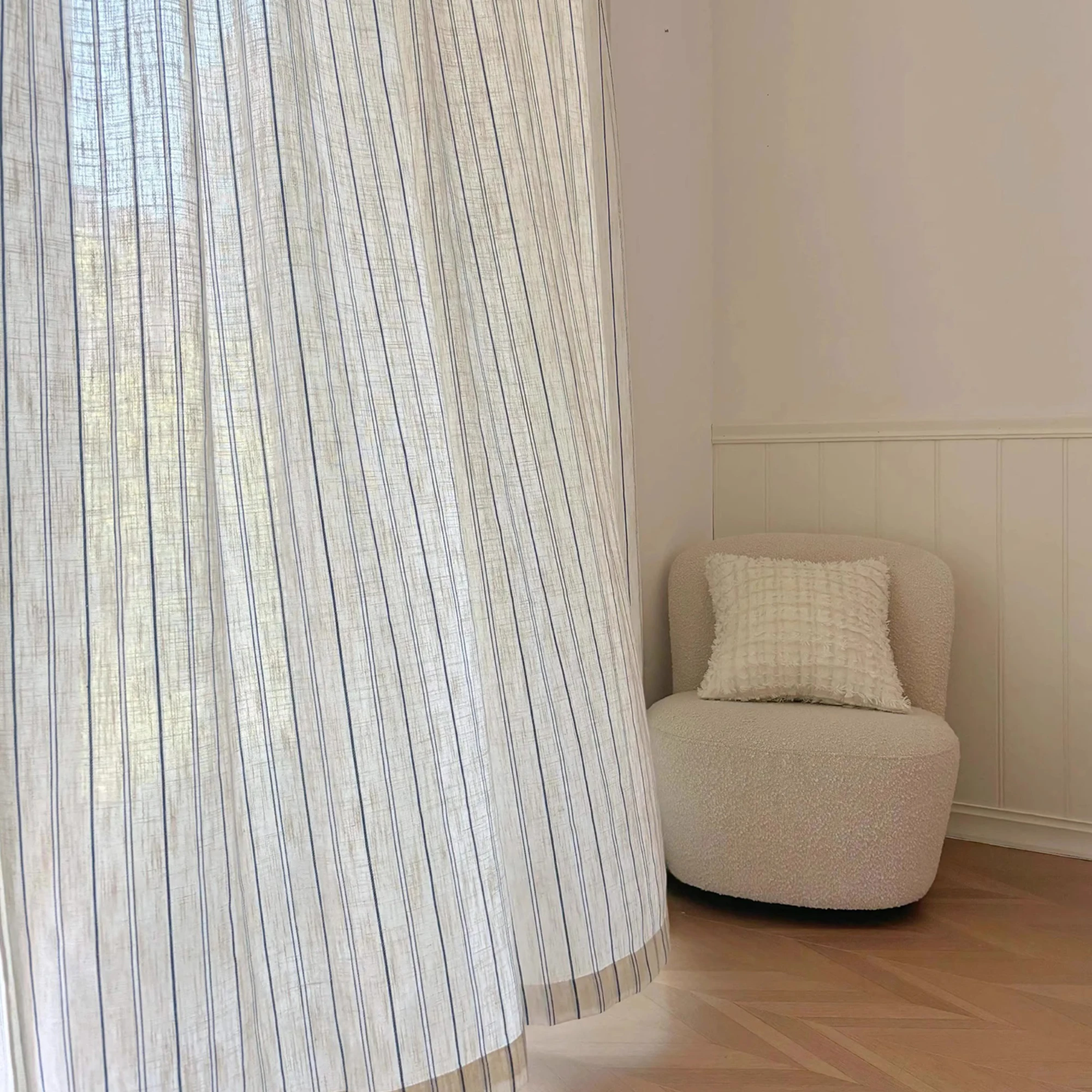 

French Medieval Linen Grainy Cream Living Room Bedroom Floating Window Sunshade Blue And White Striped Gauze Curtain