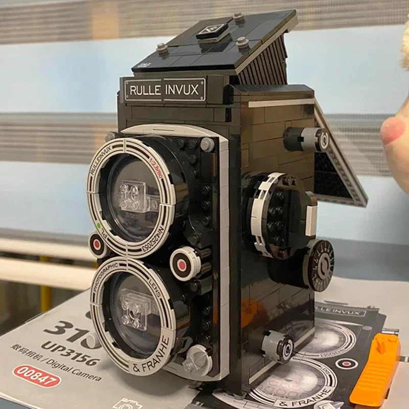 Modelo 3d diy mini blocos de tijolos construção retro digital slr câmera preto máquina de vídeo operado brinquedo para crianças