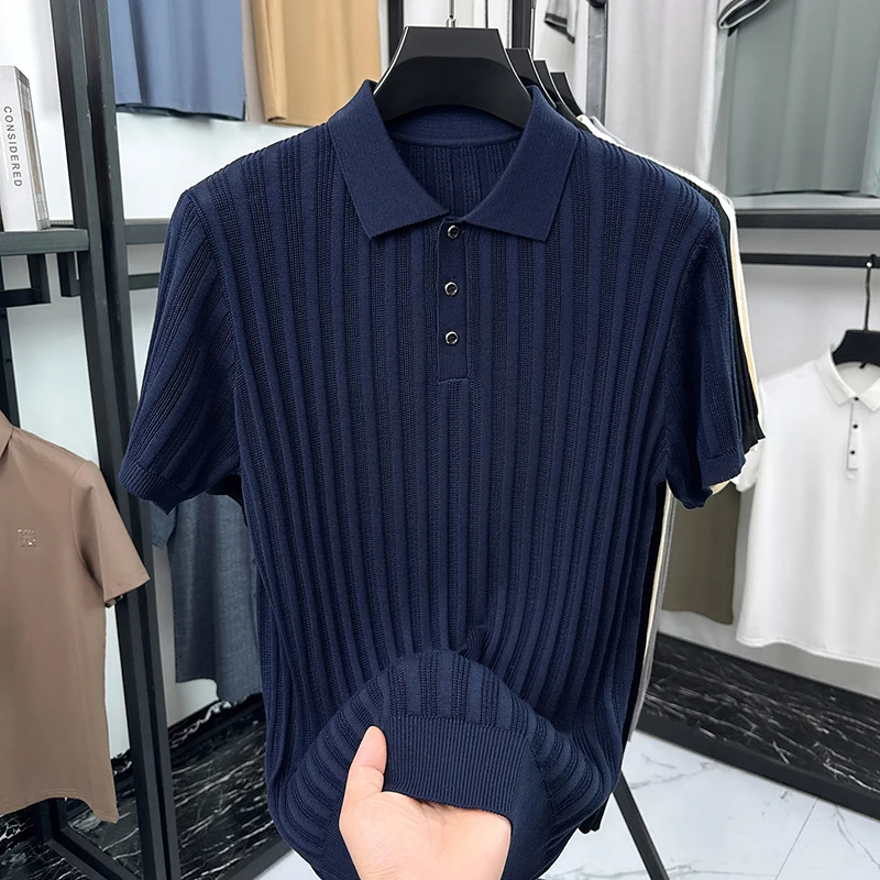 Fashion knitted solid color short sleeve polo shirt men summer high-quality new jacquard comfort breathable casual lapel T-shirt