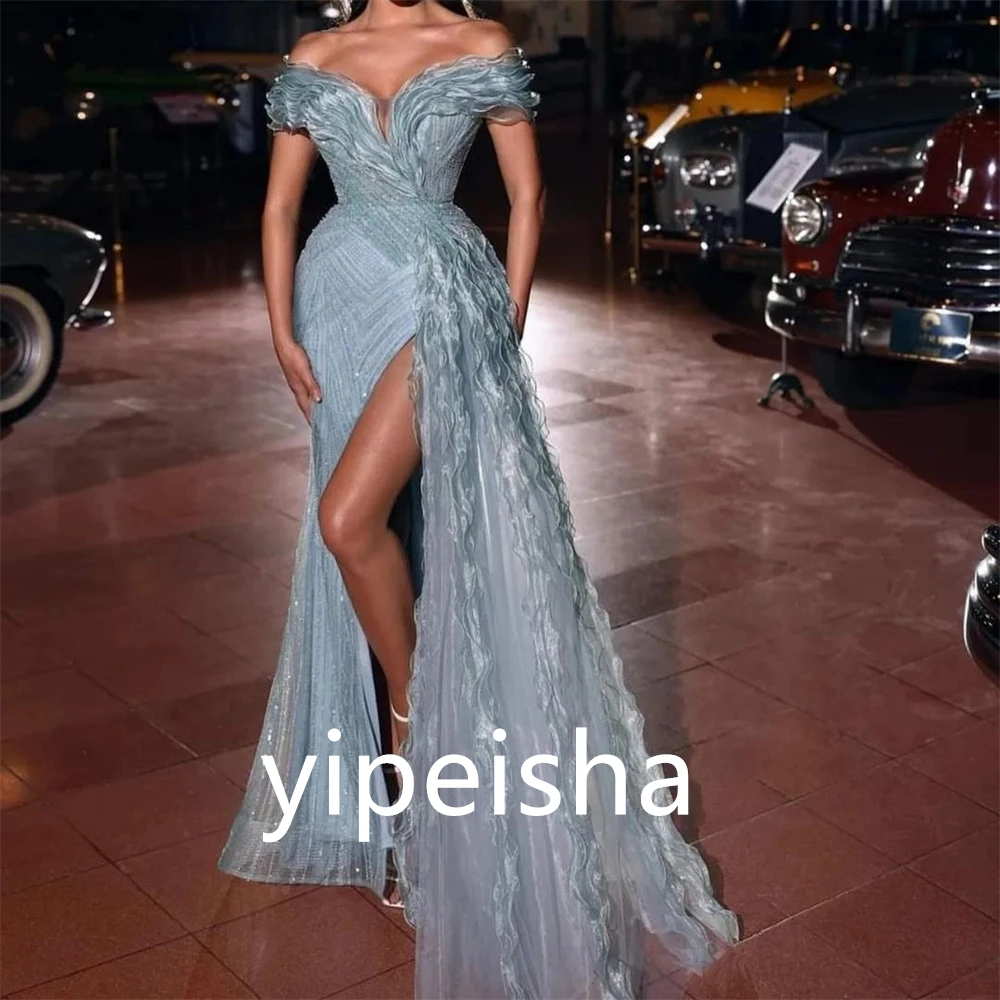 Exquisitos vestidos elegantes con hombros descubiertos para celebridades de sirena, vestidos drapeados de Organza hasta el suelo, vestidos de noche