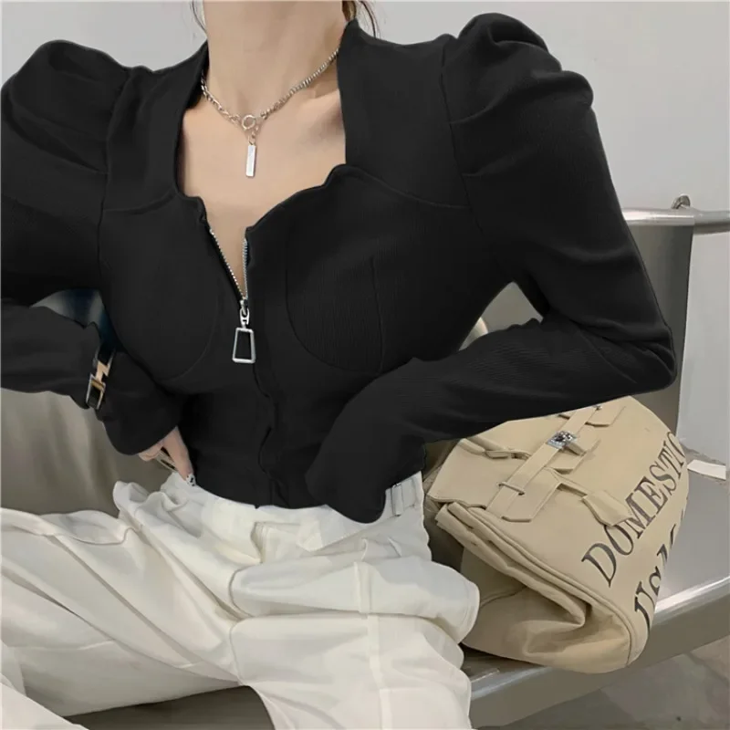 Sexy Slim Sweater Women Zipper Square Collar Puff Sleeve Pullover Jumpers Female Casual Streetwear Ropa Mujer Chic Blue Tops