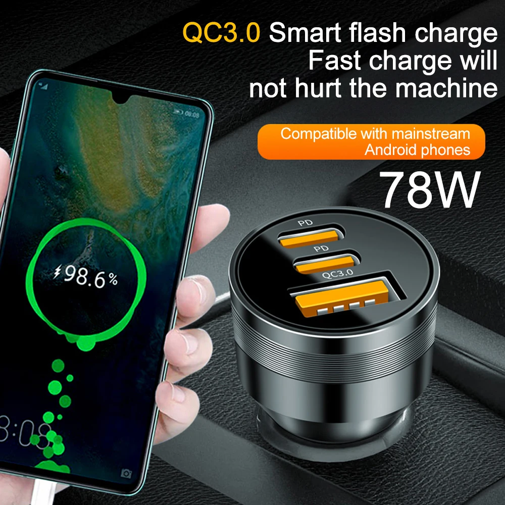 Dual PD30W+QC3.0 Fast Charging USB TYPE-C Car Charger Adapter Car Cigarette Lighter LED Voltmeter for All Type Phone Charger