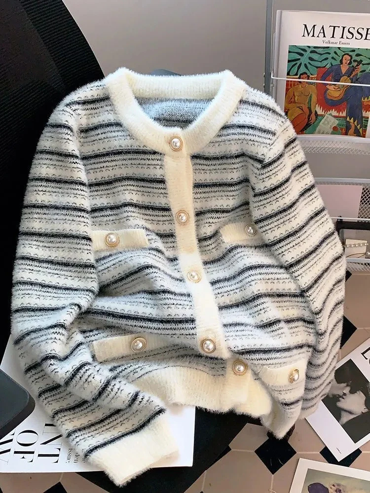 

Elegant Striped Knit Cardigan Women Chic Button Loose Lazy Wind Casual Sweater Korean Small Fragrance Long Sleeve O Neck Outwear