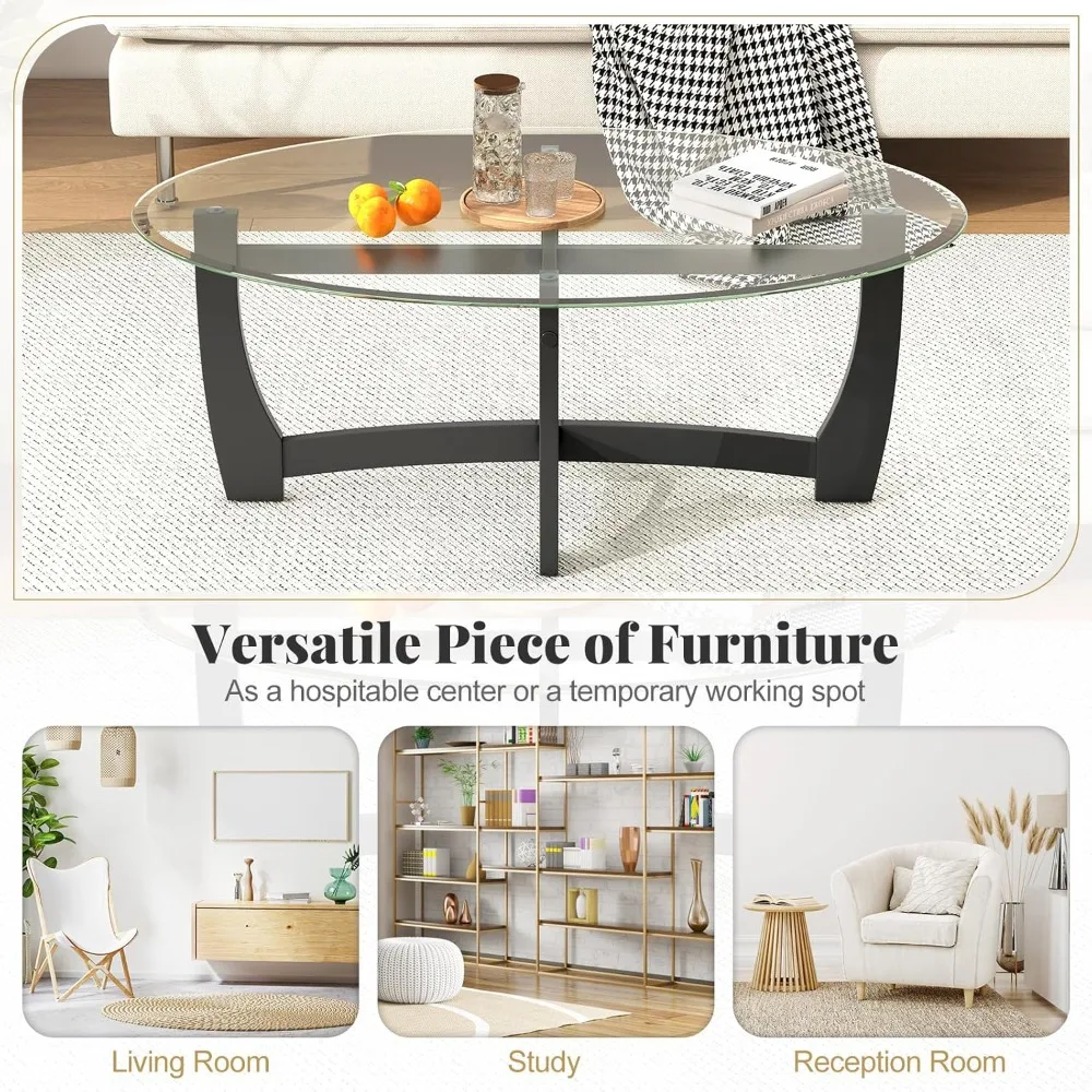 

Glass Coffee Table, 48" Oval Accent Tea Table with Tempered Glass Top & Solid Wood Structure, Simple Modern, Customized