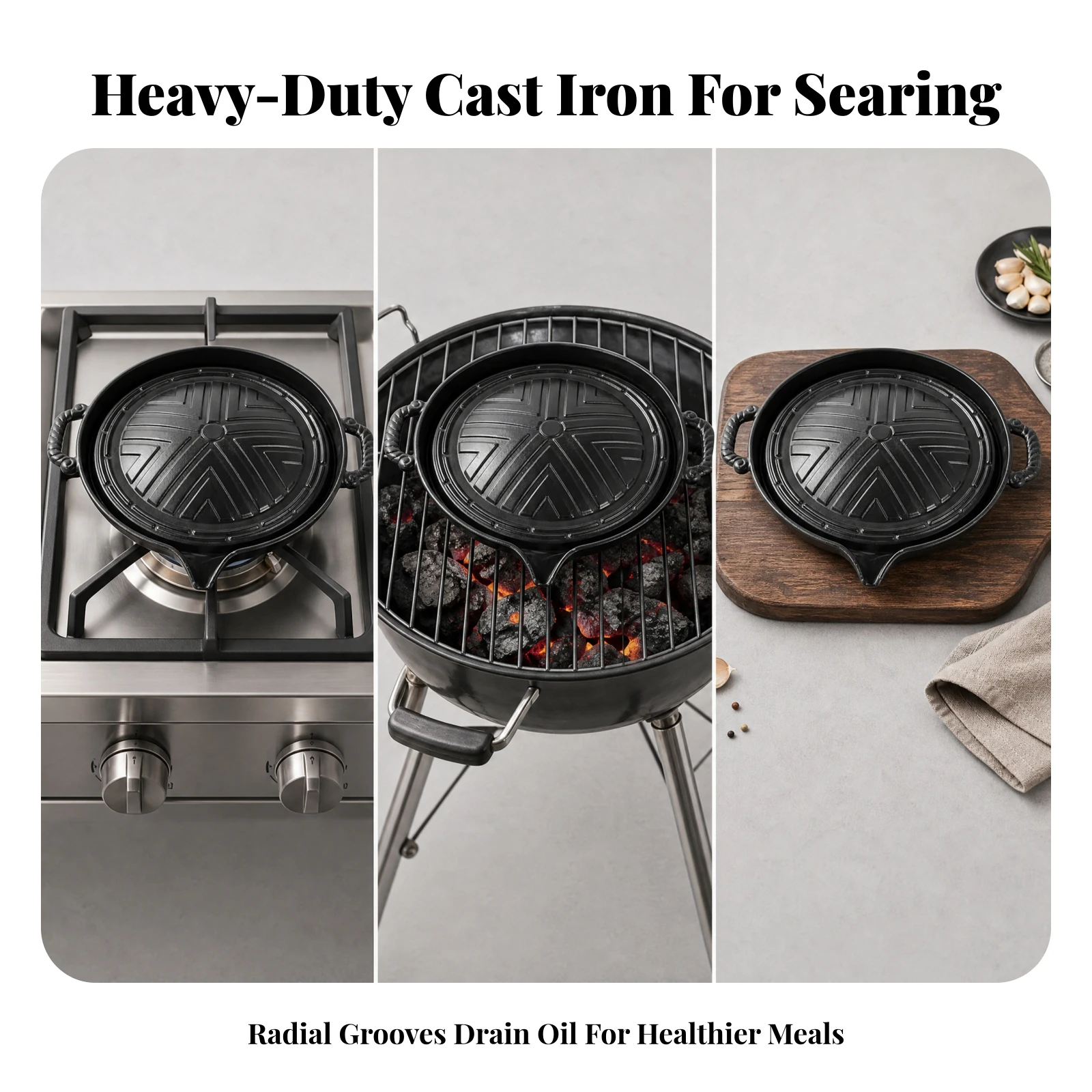 Round Cast-Iron Barbecue Pan Grease Draining Smokeless Cast Iron Grilling Pan Cookware Multi-Functional Even Heat Retention