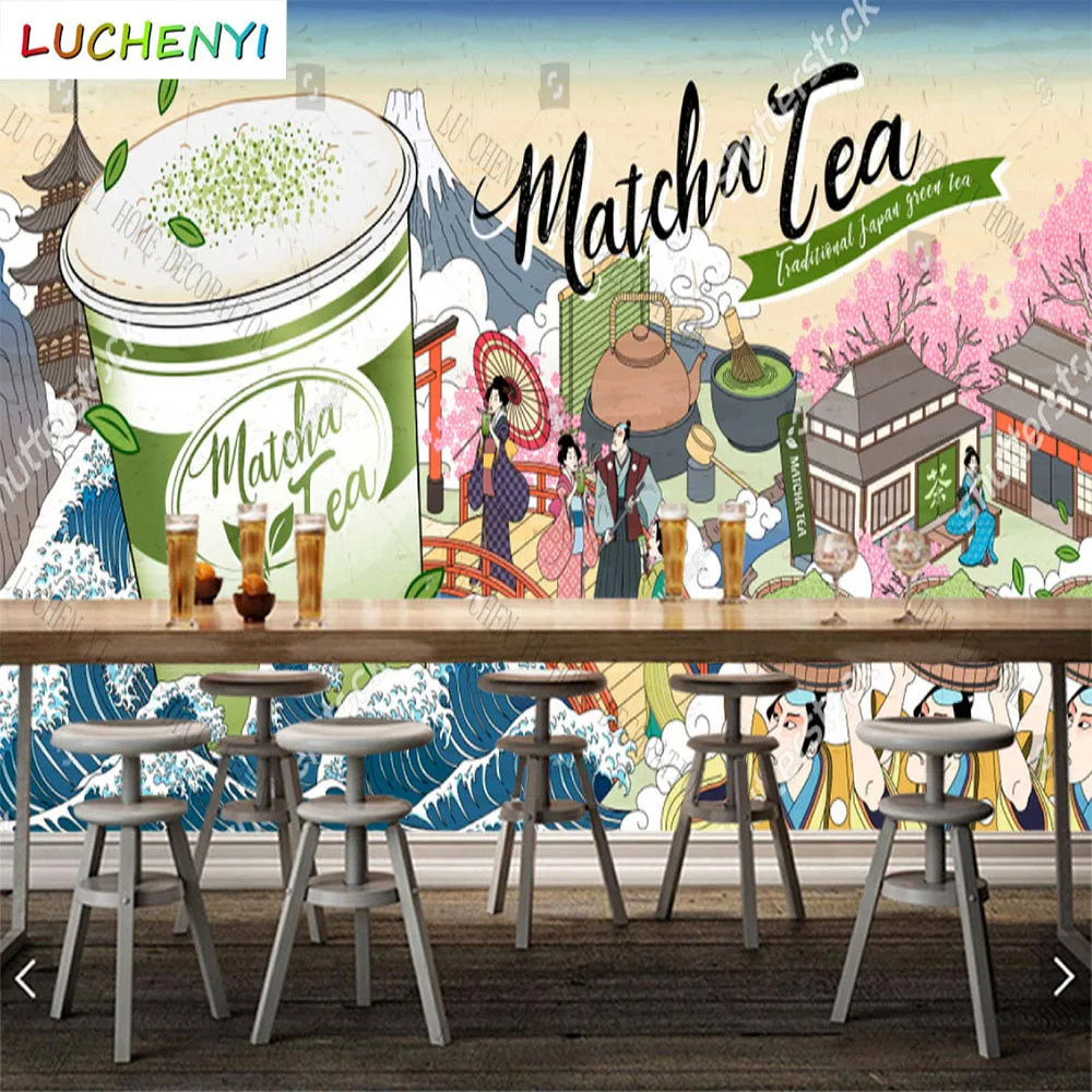 Custom cartoon matcha tea juice 3d wallpaper mural restaurant juice shop kitchen dining room wall papers home decor sticker