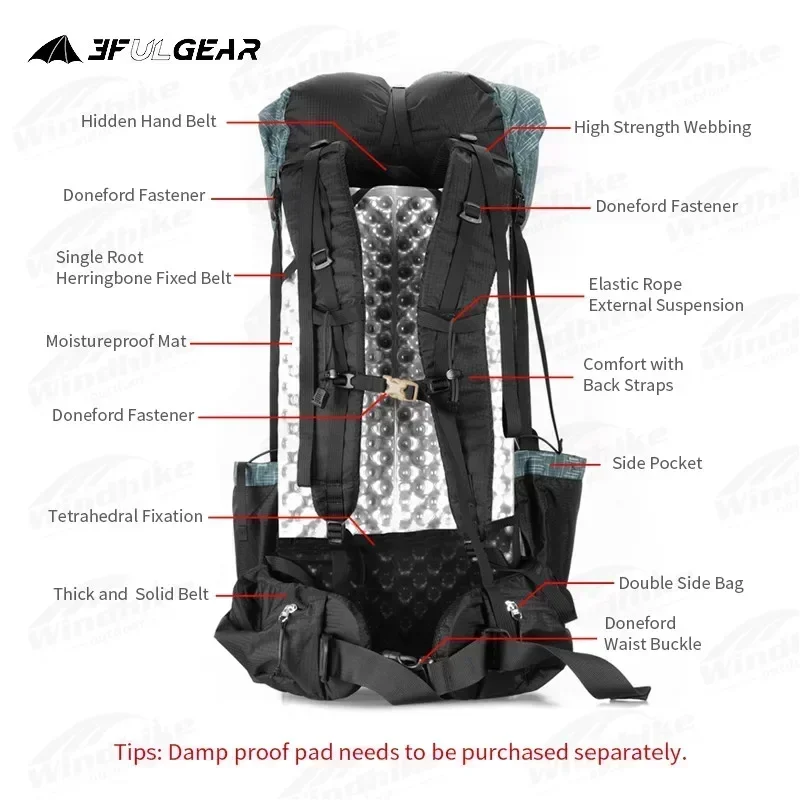 3F UL mechanismus 40L+16L QIDIAN 2.0 ultralehký kemping batoh móda women/men‘s outdoorové sport brašna vodotěsný silon prodyšné brašna